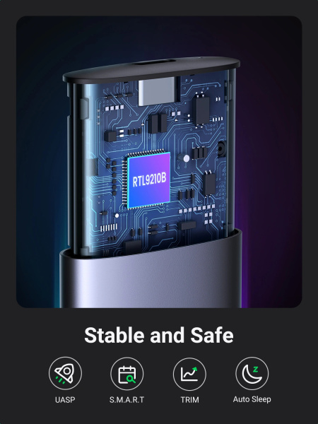 Внешний бокс для SSD M.2 NVMe/M.2 SATA SSD UGREEN CM400 Enclosure (10Gbps) с кабелем USB-C - USB-C и USB-C - USB-A, серый (90264)