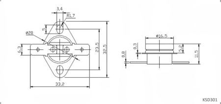 Термостат 180°C, NC, 16A, 250V, KSD301-180-16-LBHL-C-6.3-B