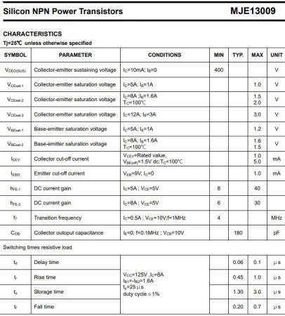 транзистор BJT MJE13009 400V 12A NPN TO220 4Mhz 100W
