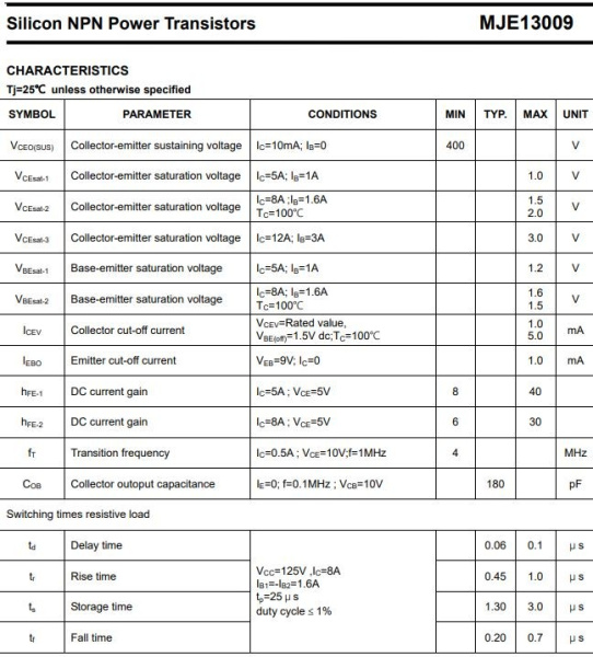 транзистор BJT MJE13009 400V 12A NPN TO220 4Mhz 100W