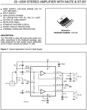микросхема TDA7265 STM, УМЗЧ, 2*25W, ±5…25V, Multiwatt11