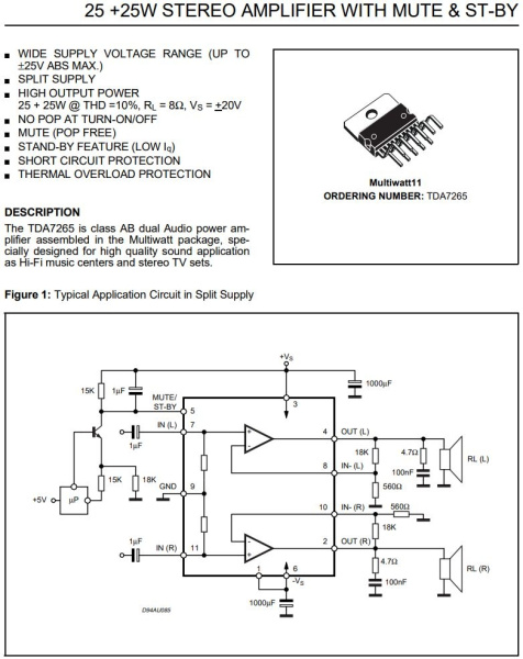 микросхема TDA7265 STM, УМЗЧ, 2*25W, ±5…25V, Multiwatt11