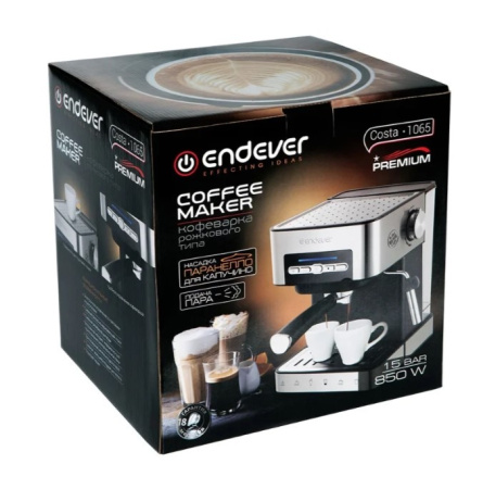 Kофеварка Endever Costa-1065 Silver 850Вт, 1.6л, 20 бар, рожковая, тип кофе: молотый