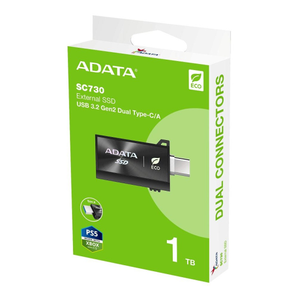 Твердотельный накопитель/ ADATA External SSD SC730, 1000GB, Type-C, Type-A, USB 3.2 Gen2, R/W 600/600 MB/s, 36.8x23.8x9.7mm, Black (5 лет)