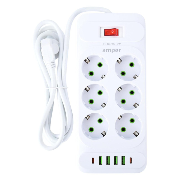 Сетевой удлинитель  2.0м, 6 розеток Amper, JH-1076U-2W, 10А, 2500Вт, 4usb, 2Type-C белый.