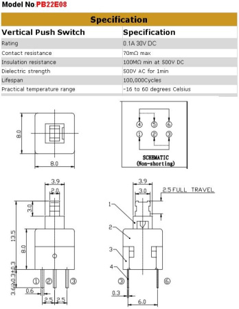 Кнопка OFF-ON, DPDT, 8*8*13мм, 6 конт, на плату, PB22E08