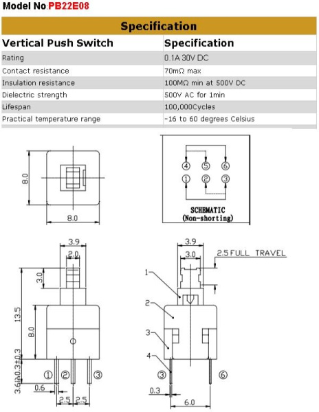Кнопка OFF-ON, DPDT, 8*8*13мм, 6 конт, на плату, PB22E08
