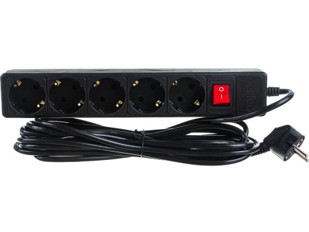 Сетевой фильтр  5.0м, 5 розеток Perfeo, POWER+, 10А, 2300Вт, с выключателем, с предохранителем, черный (PF-PP-5/5,0-B)