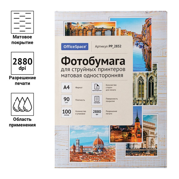 Бумага OfficeSpace 90 г/м2, А4, матовая, для струйной печати, 100л. (PP_2832)
