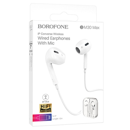Гарнитура проводная BOROFONE BM30 Max вставные, кабель 1.2м, белый, Lightning разъем