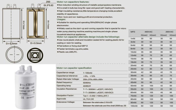 Конденсатор пусковой  100мкф, 450в, CBB60-A, 60*120мм, клеммы