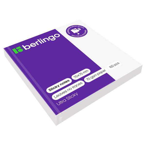 Блок самоклеящийся BERLINGO 75*75мм. "Ultra Sticky" 100л. белый (LSn_39210)
