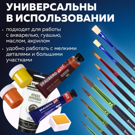 Набор кистей 10шт. BRAUBERG "Премиум" (кр. пони - 5шт, синтетика -3шт, пл. щетина -2шт.) 201023
