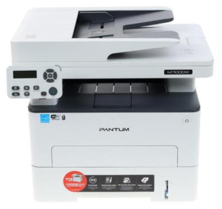Лазерное многофункциональное устройство Pantum M7100DW, P/C/S, Mono laser, А4, 33 ppm (max 60000 p/mon), 525 MHz, 1200x1200 dpi, 256 MB RAM, PCL/PS, Duplex, ADF50, paper tray 250 pages, USB, LAN, WiFi, start. cartridge 1500 pages