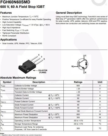 транзистор IGBT FGH60N60SMD ON Semiconductor, 600V, 60A, TO247