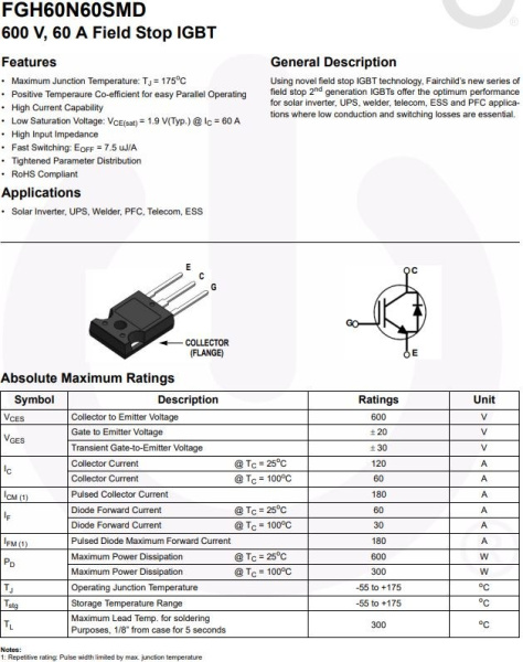 транзистор IGBT FGH60N60SMD ON Semiconductor, 600V, 60A, TO247