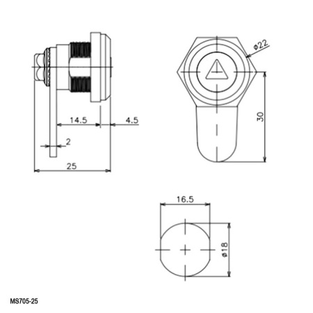замок M18, глубина 25мм, ригель прямой, Ruichi MS705-25
