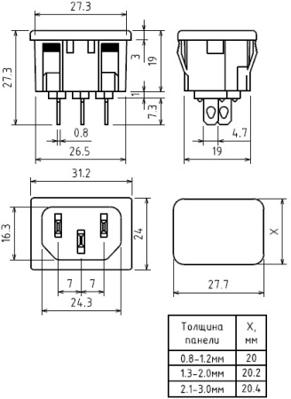 Разъем питания, IEC-60320 C14, штекер, корпусной, крепёж защёлка