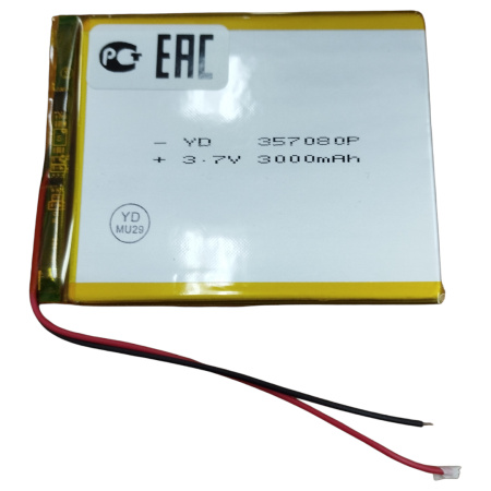 Аккумулятор Li-Pol 3.7в,  3000мАч, 3.5*70*80мм, контроллер, 2 провода, 357080