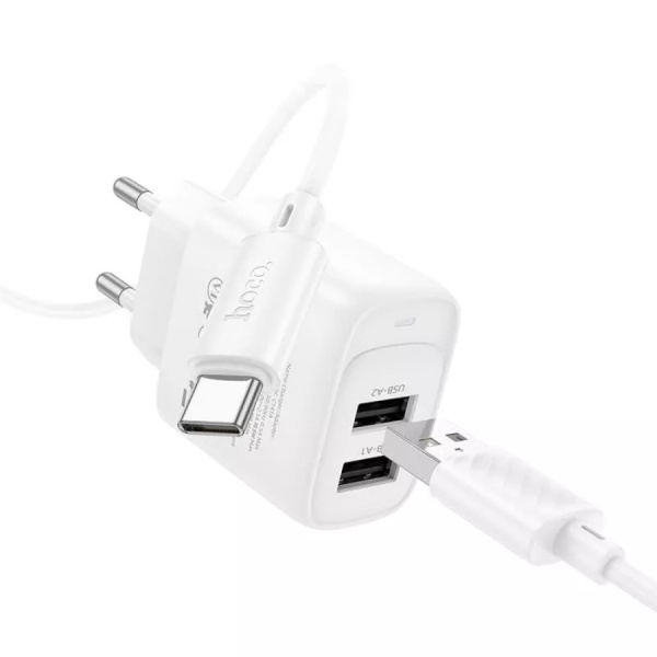 Зарядное_устройство - USB_2x2.1A HOCO C141A + кабель Type-C, белый