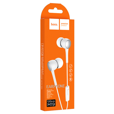 Гарнитура проводная HOCO M19 series вставные, 16Ом, 116дБ, кабель 1.2м, White