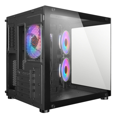 Корпус mATX Б_БП Ginzzu V150 (USB3.0,Audio,черный,3х120мм FRGB,"стеклянный куб")