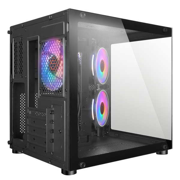 Корпус mATX Б_БП Ginzzu V150 (USB3.0,Audio,черный,3х120мм FRGB,"стеклянный куб")