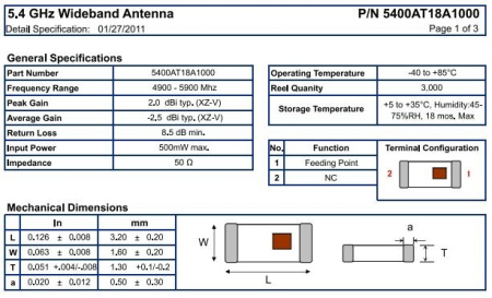 антенна SMD 5400Мгц, -2.5дБ, 50ом, 5400AT18A1000E