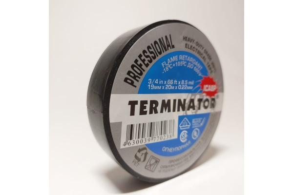 Изолента Terminator ICA8P, 19*0.22мм, рулон 20м, черная, всепогодная, суперпрочная, огнеупорная