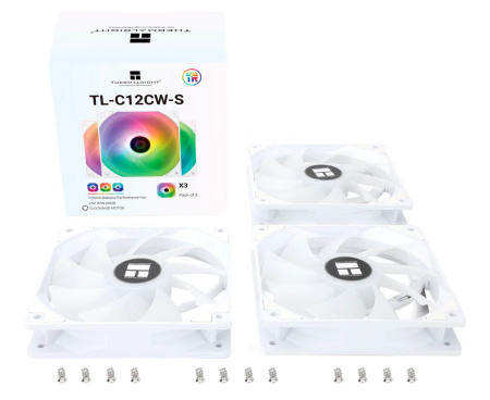 Кулер в корпус 120х120х25 Thermalright TL-C12CW-S (Pack of 3)(1550prm/4Pin PWM/66.17 CFM/25.6дБ/подшипник гидродинамический/ARGB/белый)(комплект венти