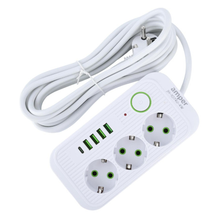 Сетевой удлинитель  4.0м, 3 розетки Amper, JH-1074U-4W, 10А, 2500Вт, 3*0,75мм, 4usb, 1Type-C белый