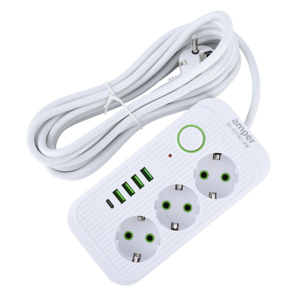 Сетевой удлинитель  4.0м, 3 розетки Amper, JH-1074U-4W, 10А, 2500Вт, 3*0,75мм, 4usb, 1Type-C белый