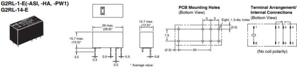 Реле электромагнитное DC  5в, 16а, SPDT, 29*12.7*15.7мм, Omron G2RL-1-E 5VDC