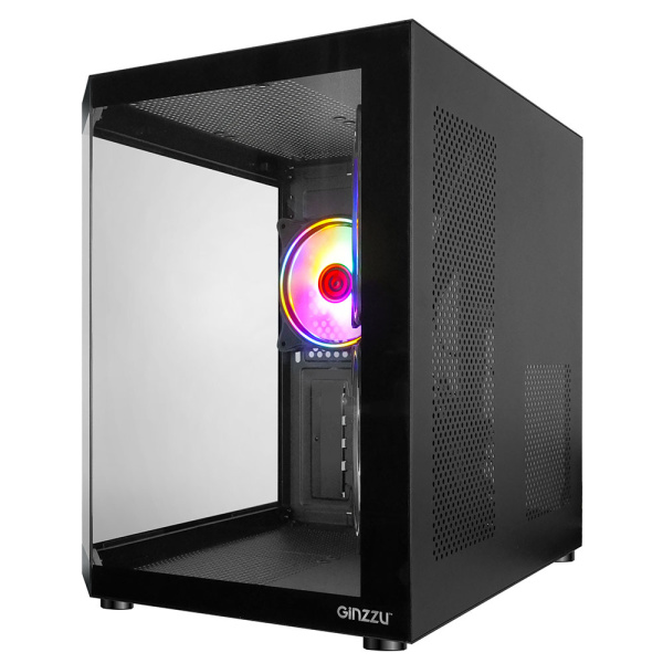 Корпус mATX Б_БП Ginzzu V190 (USB3.0,Audio,черный,3х120мм FRGB,"стеклянный куб")