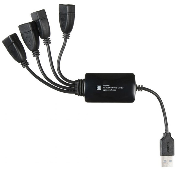 USB_Хаб 4xUSB_2.0 Buro BU-HUB4-0.3-U2.0-Splitter черный