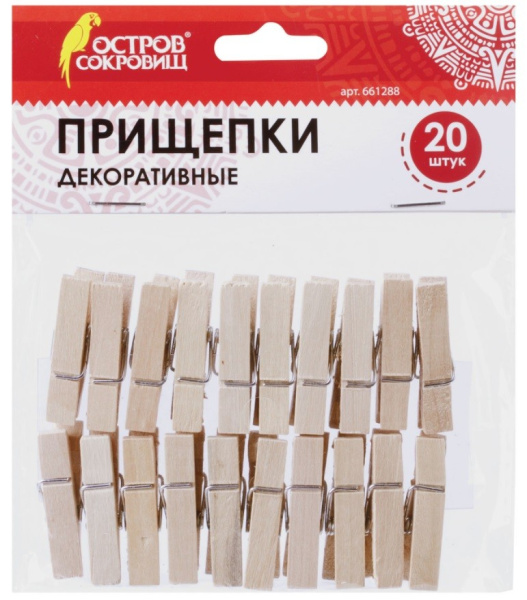 Прищепки декоративные "Классика", 20 штук, 3,5 см, неокраш., ОСТРОВ СОКРОВИЩ, 661288