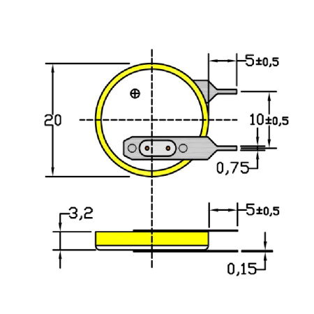Батарейка CR2032/1VC3, 2 вывода, вертик. расстояние между контактаим 10мм 1шт. /3В литиевая