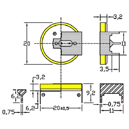 Батарейка CR2032/1GU1, 3 вывода, гориз. расстояние между контактаим 20мм 1шт. /3В литиевая