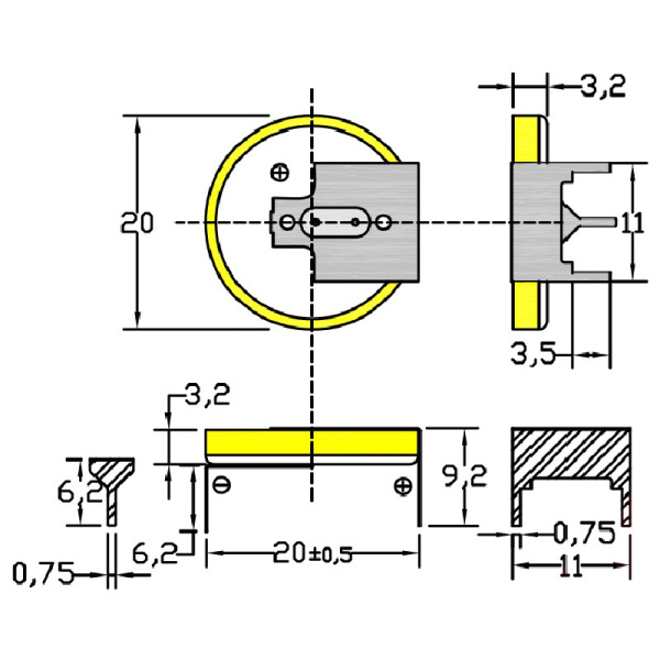 Батарейка CR2032/1GU1, 3 вывода, гориз. расстояние между контактаим 20мм 1шт. /3В литиевая