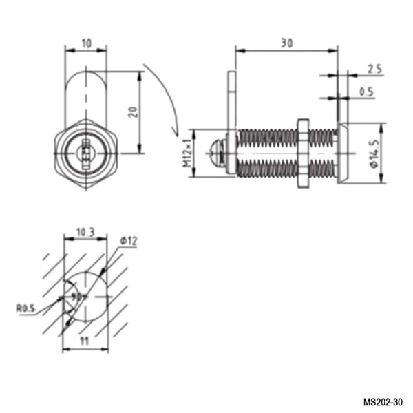 замок M12, глубина 30мм, ригель прямой, Ruichi MS202-30
