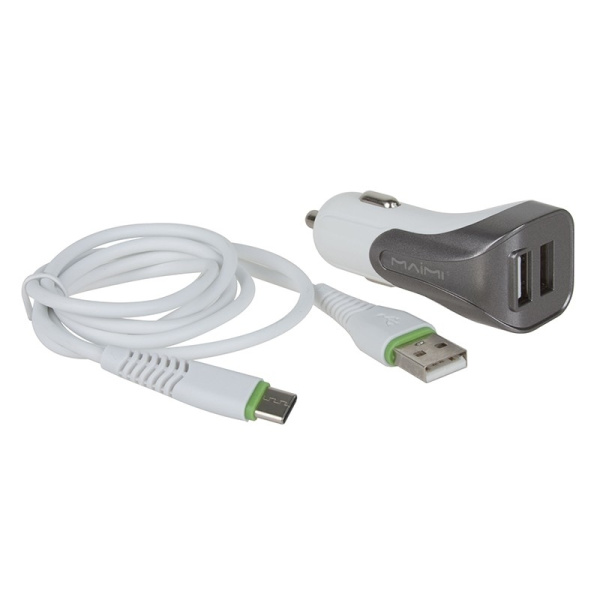 Автомобильное_З\У - USBx2 2.4A + кабель TypeC, MAIMI T20, белый