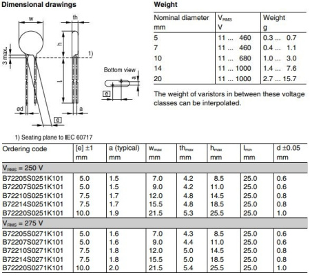 Варистор  275Vrms, 350Vdc,  d9mm, 10%, TDK B72207S0271K101