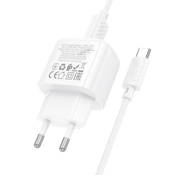 Зарядное_устройство - USB_2x2.4A + кабель TypeC HOCO CS51A, белый