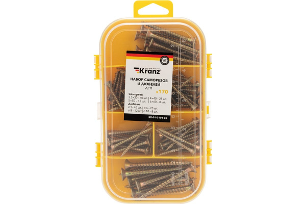 Набор саморезов и дюбелей для ДСП Kranz KR-01-3101-06, 170 штук, пластиковый кейс