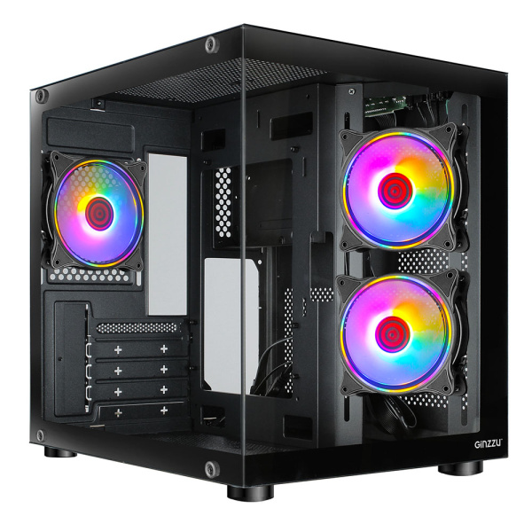 Корпус mATX Б_БП Ginzzu V150 (USB3.0,Audio,черный,3х120мм FRGB,"стеклянный куб")