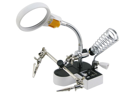 Держатель плат (третья рука) MG16126-AC2, лупа 65мм 6x 12x 2LED, 2 зажима, подставка под паяльник