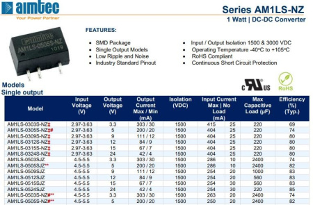 Преобразователь DC/DC на плату out  5V 0.2A, in 4.5..5.5V, Isolated, SMD, AM1LS-0505S-NZ