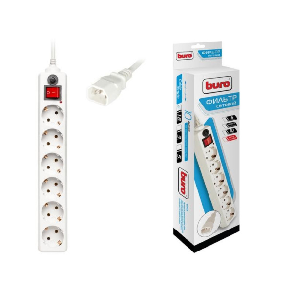Сетевой фильтр  1.8м, 6 розеток Buro, 600SH-1.8-UPS-W, 10А, 2200Вт, для ИБП, с выключателем, белый, 