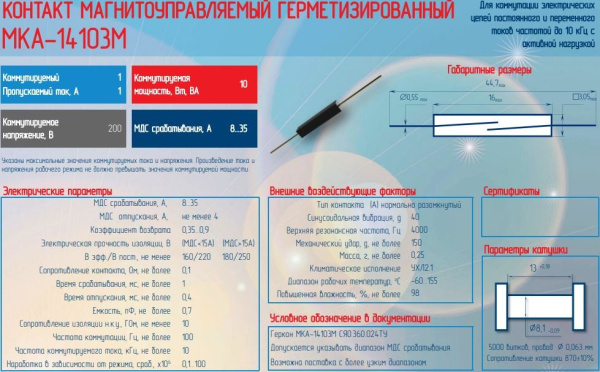 Геркон замыкающий 2 контакта, 200в, 1а, 14.2мм, МКА-14103M