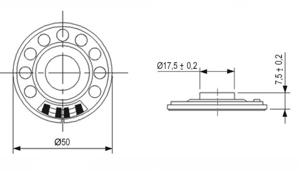 Динамик круглый,  d50мм, h10мм, 50ом, 0.5вт, DXI50N-C